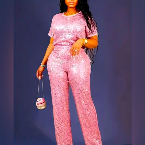 2 Piece: Pink Sequins Short Sleeve Blouse w/Matching Pants NWOT